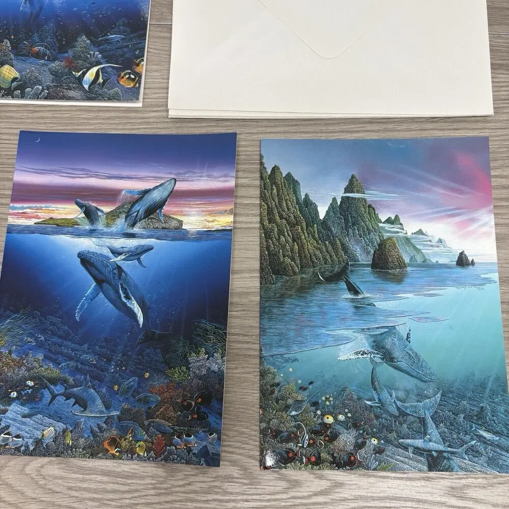 VTG Robert Lyn Nelson Ocean Whale Art 4 Cards Set Cameron Collection Frameable